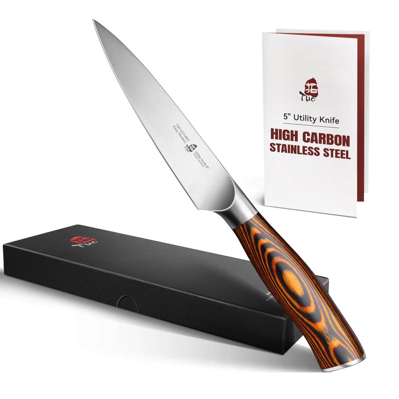 TUO Utility Knife, 5 inch Small Kitchen Knife for Paring & Slicing, with Ergonomic Pakkawood Handle, High Carbon German Stainless Steel - Fiery Phoenix Series - Image 1